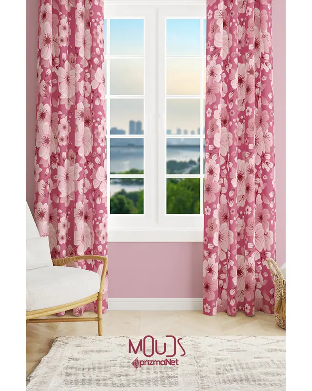 Pembe Çiçek 2 Desenli Süet Oturma Odası Salon Fon Perde Baskılı Ekstrafor Büzgü 2 Kanat PRD-1041