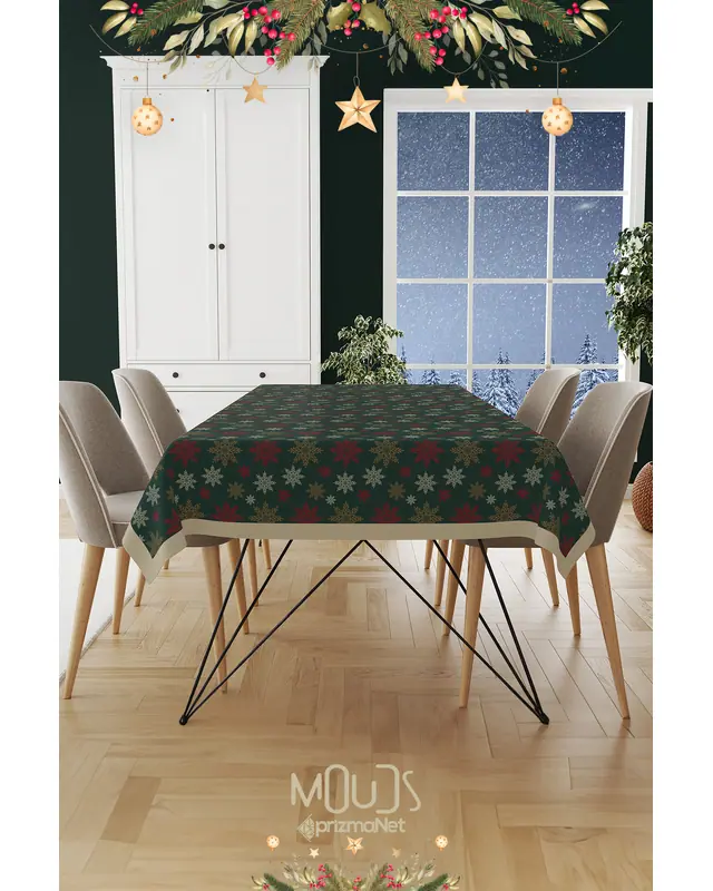 Dark Green Snowflakes Christmas Rectangular Easy-Care Suede-Feel Tablecloth - MS-275 - 2