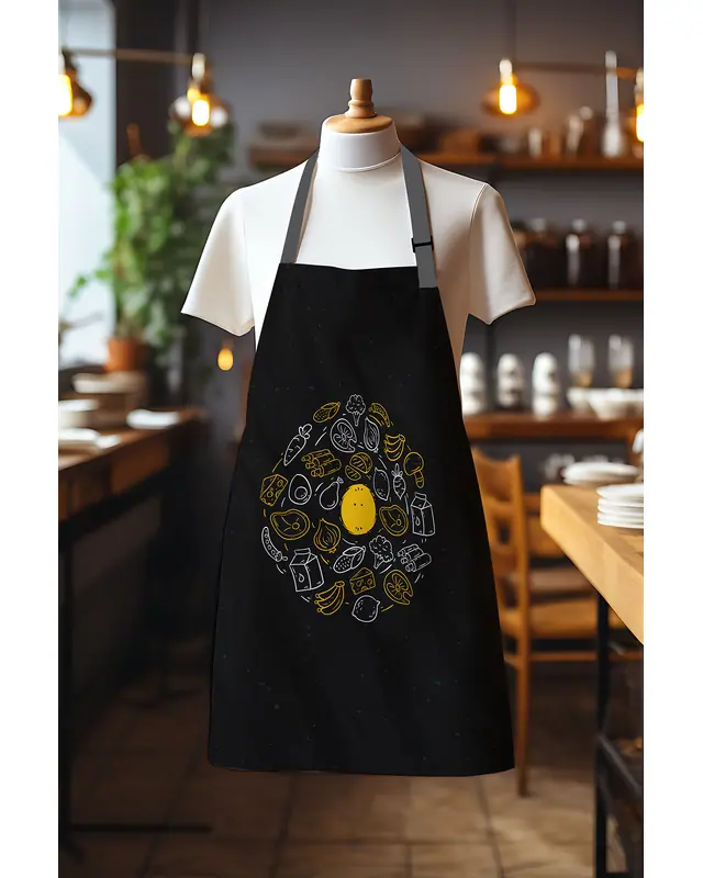 Süet Dokulu Kumaş Sarı Beyaz Yemek Desenli Mutfak Önlüğü, Aşçı Önlüğü, Garson Önlüğü, Restoran Önlük