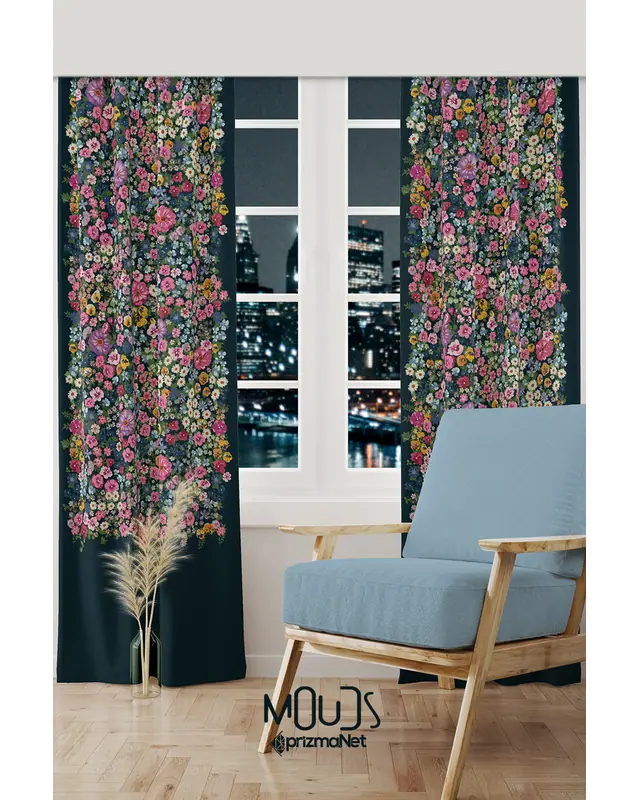 Violet Patterned Suede Living Room Decorative Curtain Printed Pencil Pleat Body - Set of 2 Panels - PRD-1025