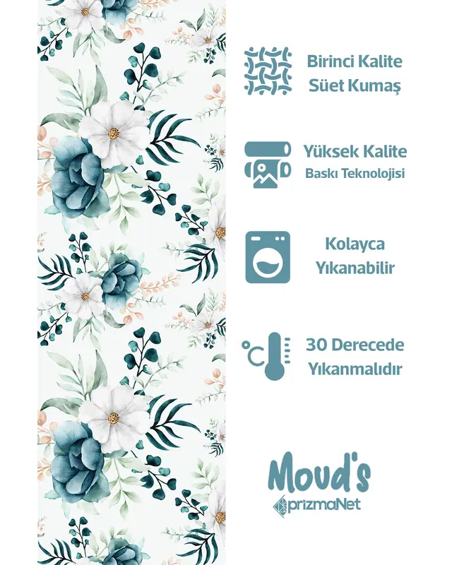 Navy Green Floral Pattern Printed Suede Table Runner - 2