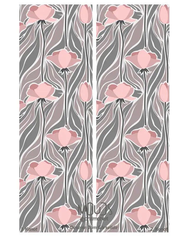 Mirror Flowers 1 Patterned Suede Living Room Salon Decorative Curtain Printed Pencil Pleat - Set of 2 Panels - PRD-1063 - 3