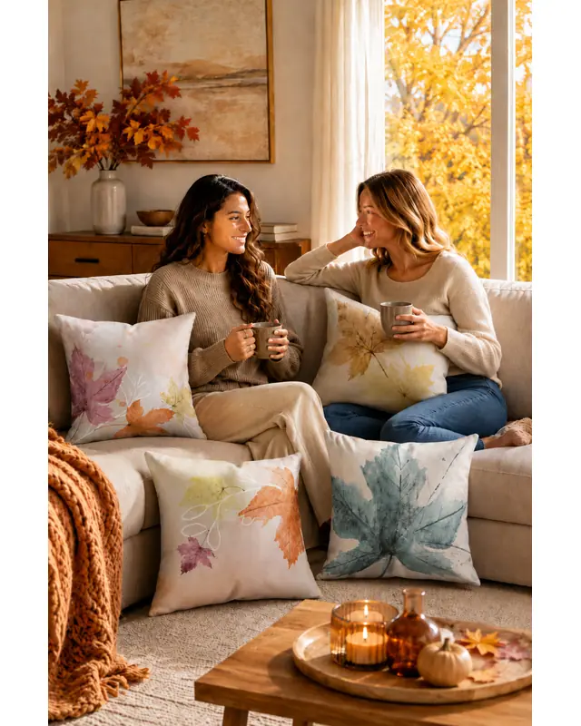 Double-Sided Printed Autumn Leaves Pattern Set of 4 Coordinated Suede Cushion Cover - 2