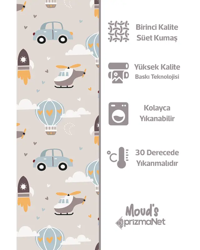 Car and Helicopter Patterned Printed Kids' and Baby Room Decorative Curtain - Set of 2 Panels - PRD-03 - 4