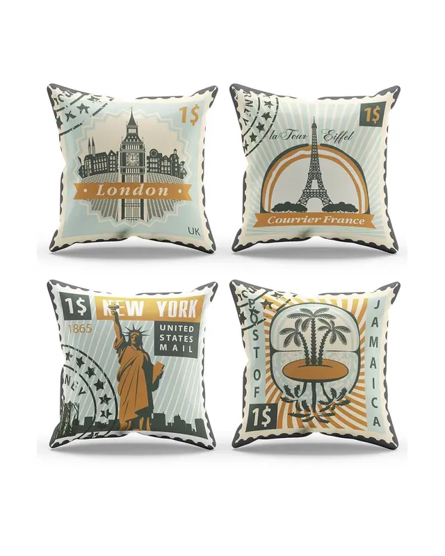 Double-Sided Printed Stamp Pattern Set of 4 Coordinated Suede Cushion Cover - 3