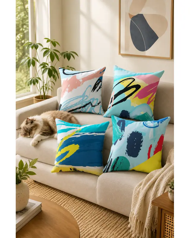 Çift Tarafı Baskılı Brush Art Desenli 4'lü Kombin Süet Kırlent Kılıfı