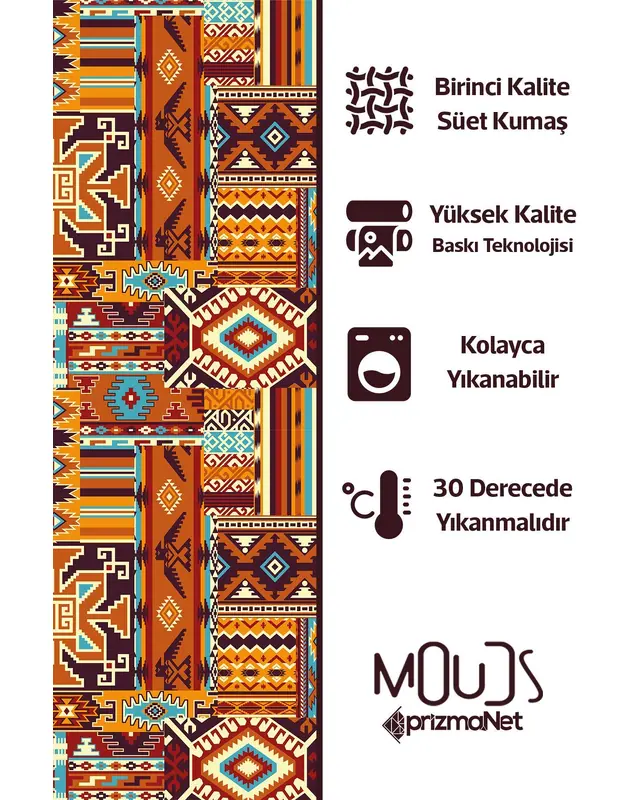 Ethnic Kilim Patterned Suede Living Room Decorative Curtain Printed Pencil Pleat Body - Set of 2 Panels - PRD-1019 - 6