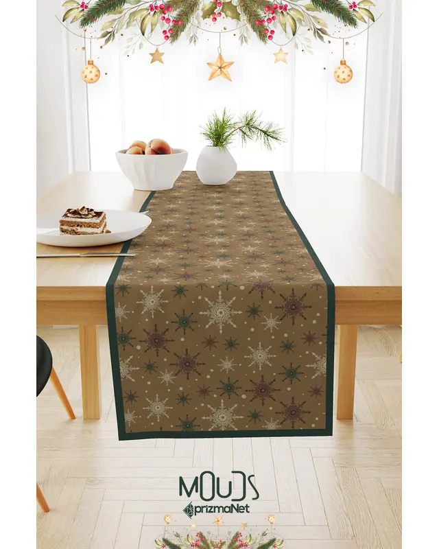 Brown Snowflakes Christmas Pattern Table Runner Easy-Care Suede Textured Fabric New Year - 2
