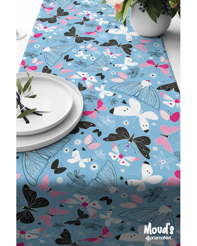 Blue Butterflies Pattern Printed Suede Table Runner - 3