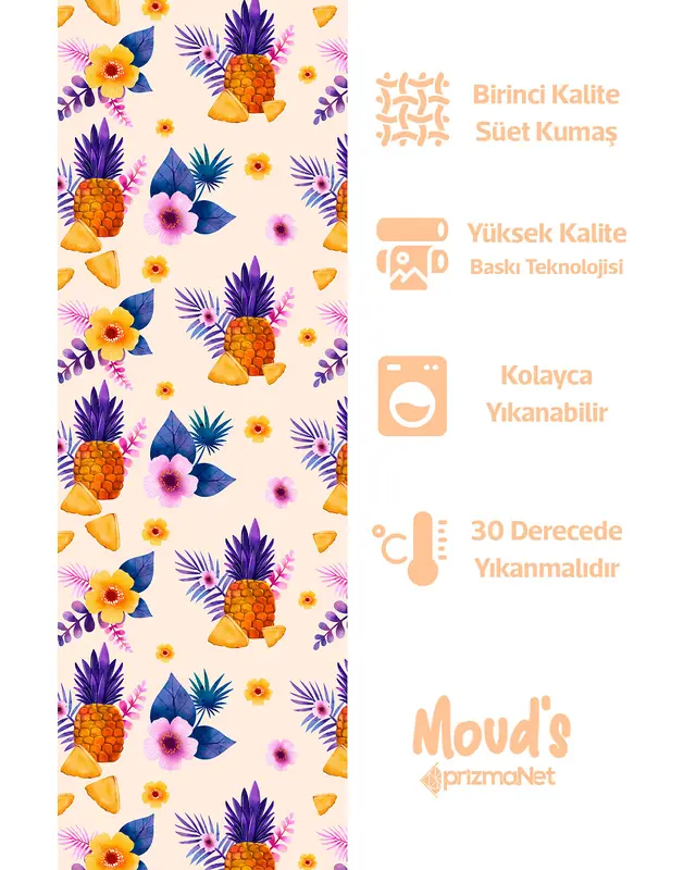 Renkli Ananas Ve Çiçek Desenli Yuvarlak Süet Dertsiz Masa Örtüsü - 2