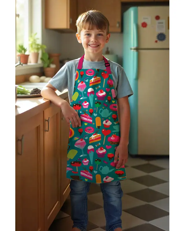 Children's Kitchen Apron, Activity Bib, Patterned Kitchen Apron, 55 cm Size 40 cm Width Children's Front - MTC-08 - 2