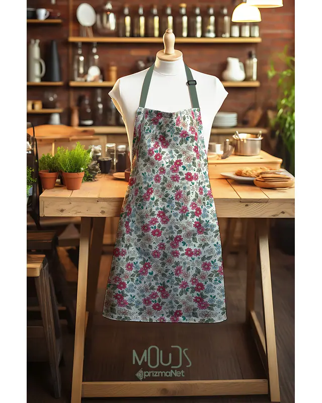 Süet Dokulu Kumaş Retro Çiçek Desenli Mutfak Önlüğü, Aşçı Önlüğü, Garson Önlüğü, Restoran Önlük