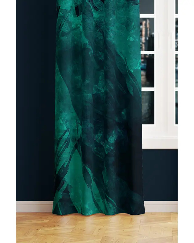 Green Navy Patterned Suede Living Room Decorative Curtain Printed Pencil Pleat - Single Panel - PRD-1001-TK - 2