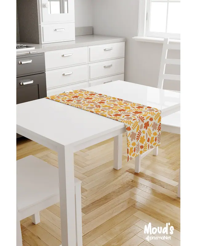 Sonbahar Yaprakları Pattern Printed Suede Table Runner - 2