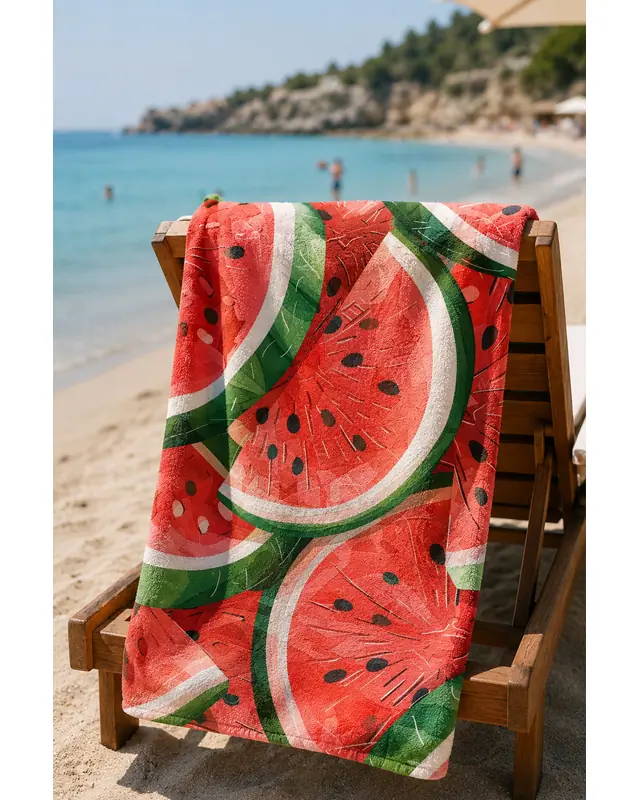 Dijital Baskılı 70x150cm Karpuz Desenli Plaj Havlusu - Banyo Havlusu - Deniz Havlusu - 4