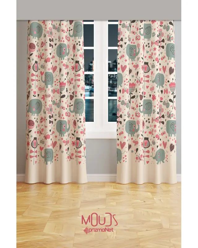Sweet Elephant Patterned Decorative Curtain Kids' and Baby Room Printed Suede Pencil Pleat Off-Bridge - Set of 2 Panels - PRD-55 - 2
