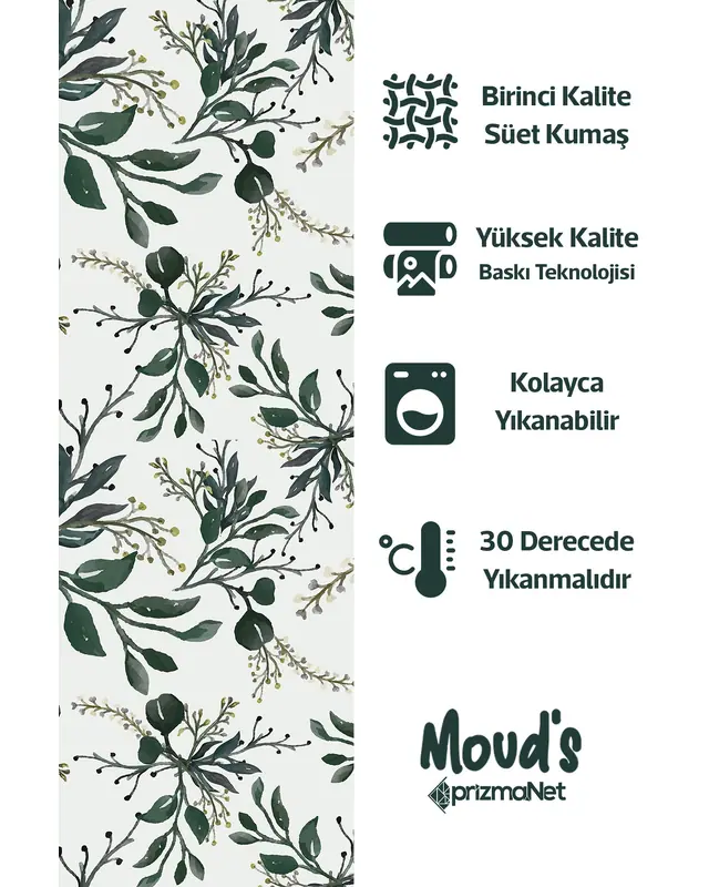 Koyu Green Flowers Pattern Printed Suede Table Runner - 2