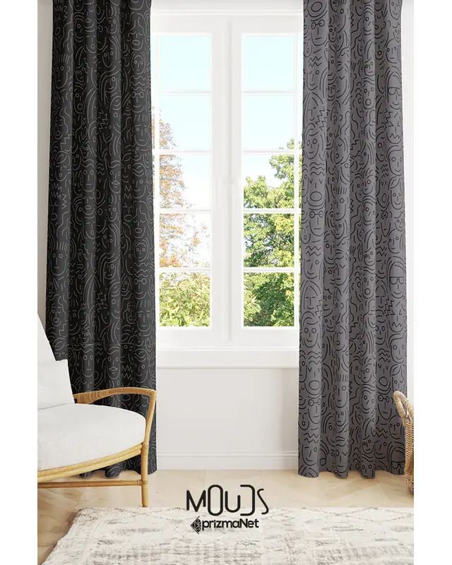 Black Faces Patterned Suede Living Room Decorative Curtain Printed Pencil Pleat Body - Set of 2 Panels - PRD-1070