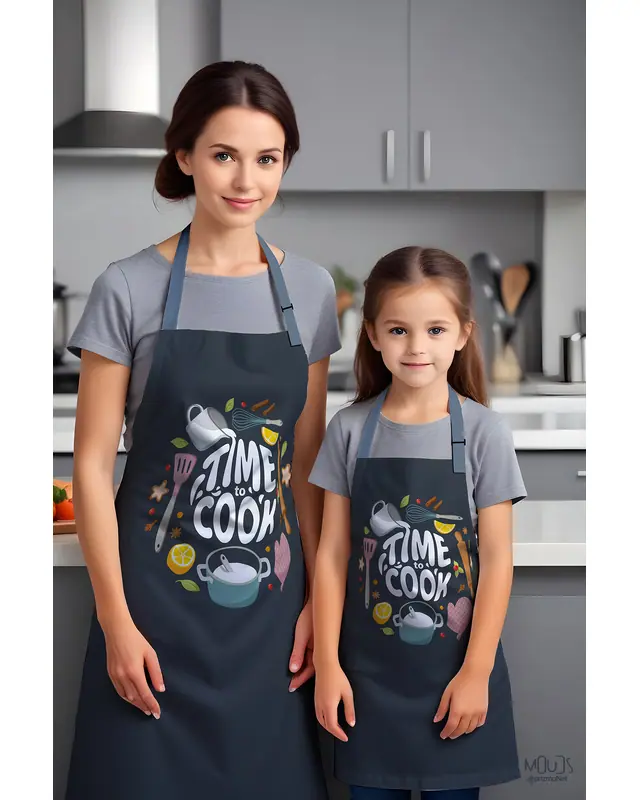 Anne Kız 2'li Yemek Zamanı Desenli Mutfak Önlüğü, Aşçı Önlüğü, Çocuk Önlüğü, Etkinlik Önlüğü