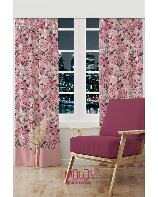Pembe Çiçek Desenli Süet Oturma Odası Salon Fon Perde Baskılı Ekstrafor Büzgü 2 Kanat PRD-1022