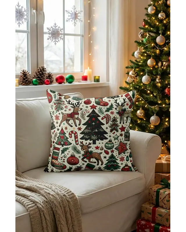 Christmas Tree and Deer Pattern Cushion Cover Double-Sided Printed Decorative Pillow Cover - PL1141