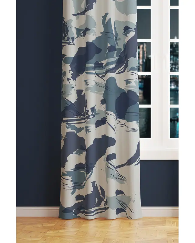 Blue Camouflage Patterned Suede Living Room Decorative Curtain Printed Pencil Pleat - Single Panel - PRD-1083-TK