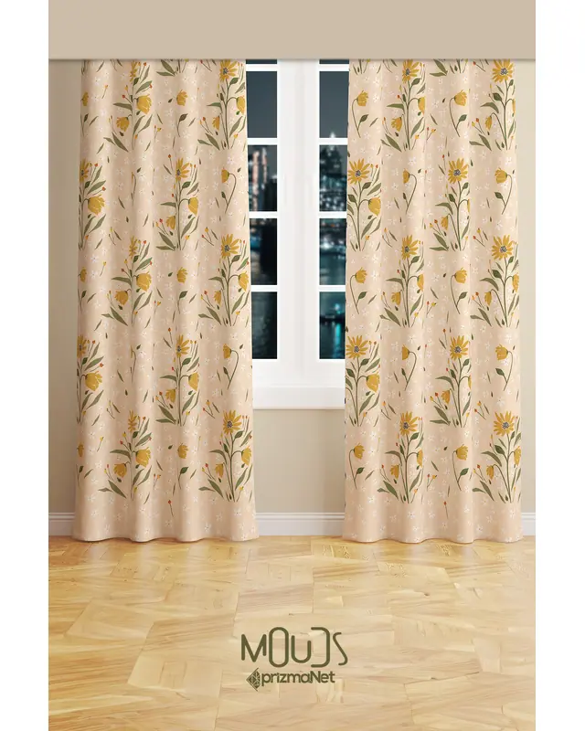 Camomile Papatya Desenli Süet Oturma Odası Salon Fon Perde Baskılı Ekstrafor Büzgü 2 Kanat PRD-1040 - 2