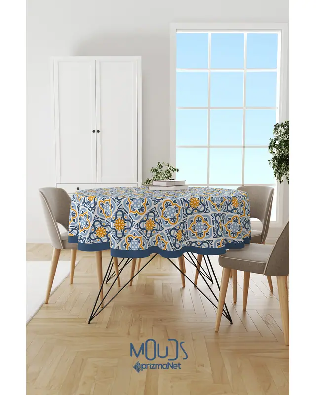 Blue Mustard Ornament Islamic Round Easy-Care Suede-Feel Tablecloth - MSY-231 - 2