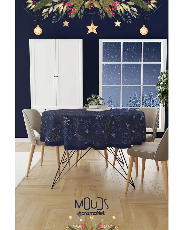 Navy Blue White Snowflakes Christmas Round Easy-Care Suede-Feel Tablecloth - MSY-278 - 2