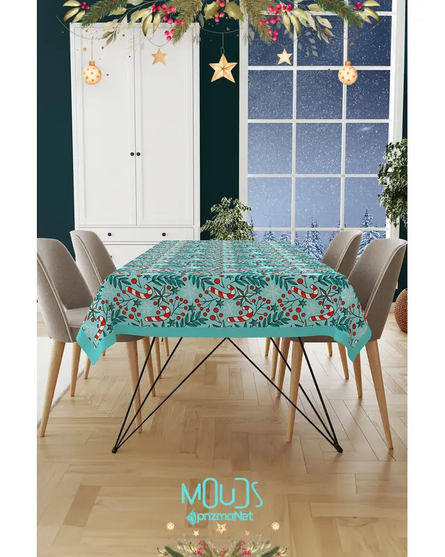 Kokina Blue Candy Cane Christmas Rectangular Easy-Care Suede-Feel Tablecloth - MS-273 - 2