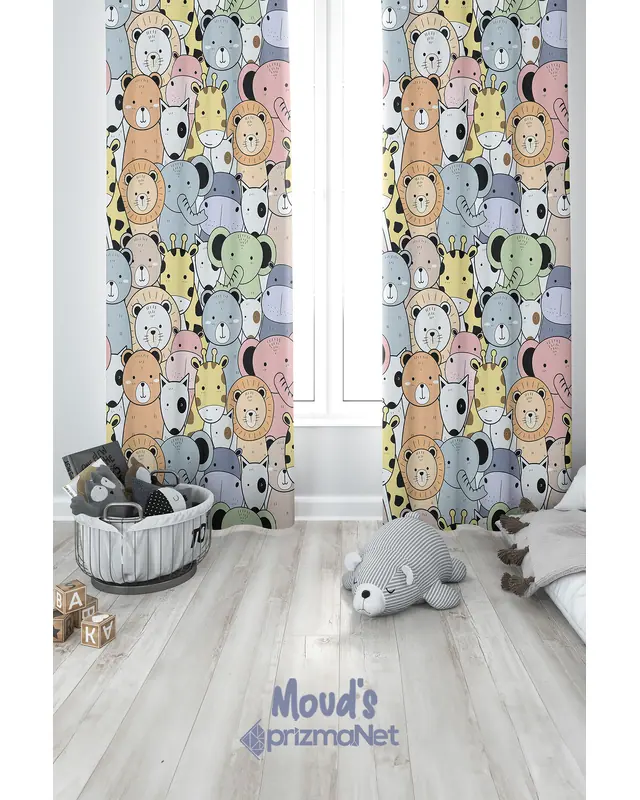 Color Minik Animals Patterned Printed Kids' and Baby Room Decorative Curtain - Set of 2 Panels - PRD-08