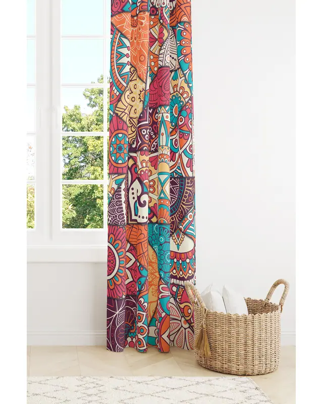 Mandala Ethnic Patterned Suede Living Room Decorative Curtain Printed Pencil Pleat - Single Panel - PRD-1100-TK