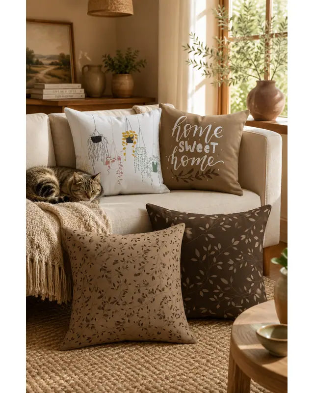 Double-Sided Printed Brown Sweet Home Series Pattern Set of 4 Coordinated Suede Cushion Cover - PLG203 - 3