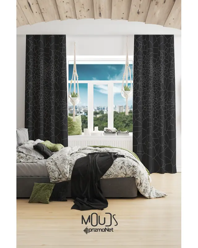 Grey Crystal Desenli Süet Oturma Odası Salon Fon Perde Baskılı Ekstrafor Büzgü 2 Kanat PRD-1079
