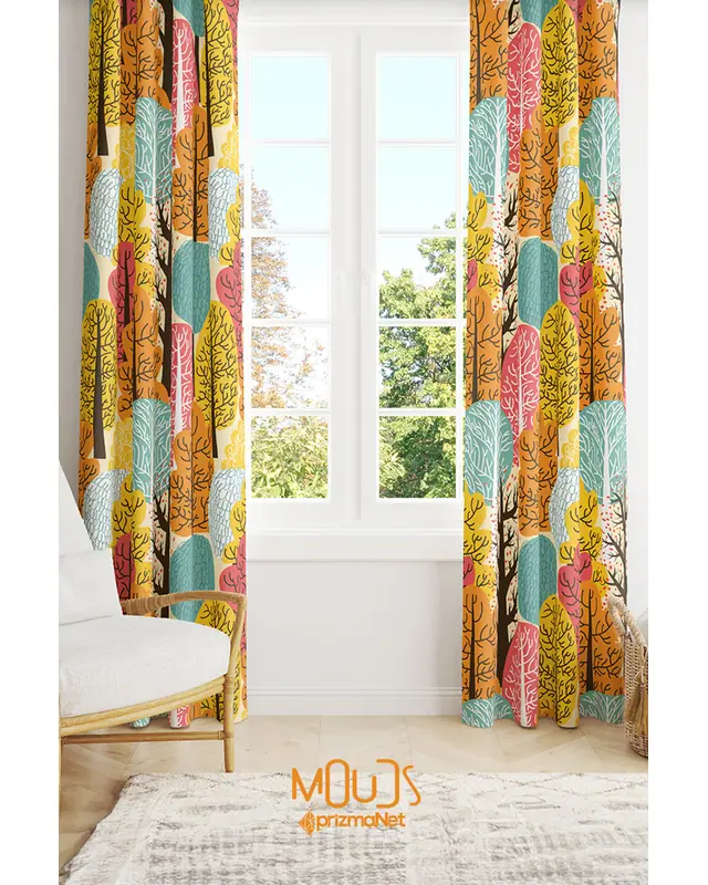 Colorful Tree Patterned Suede Living Room Decorative Curtain Printed Pencil Pleat Body - Set of 2 Panels - PRD-1090