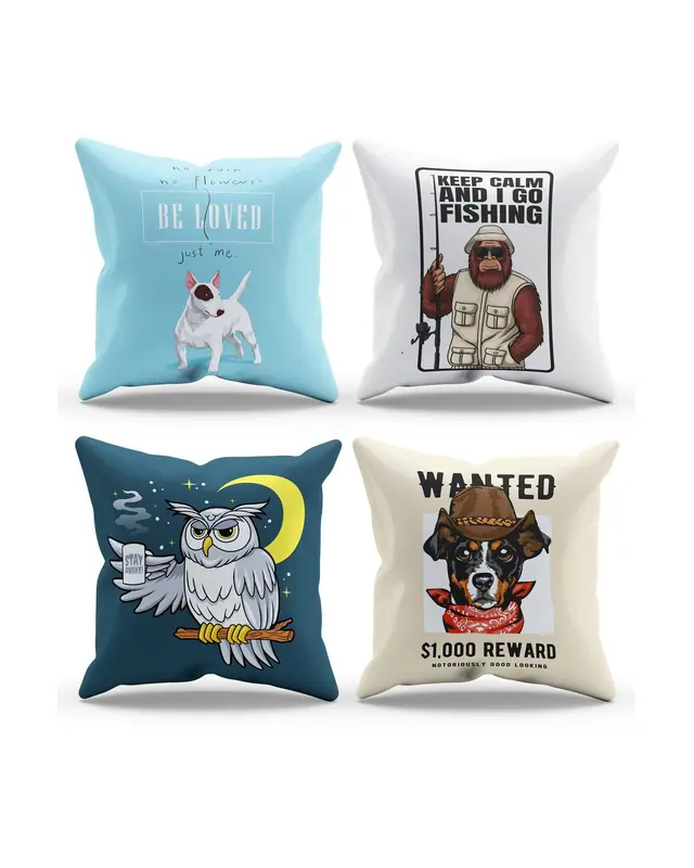 Double-Sided Printed Marjinal Hayvanlar Pattern Set of 4 Coordinated Suede Cushion Cover - PLG147 - 5
