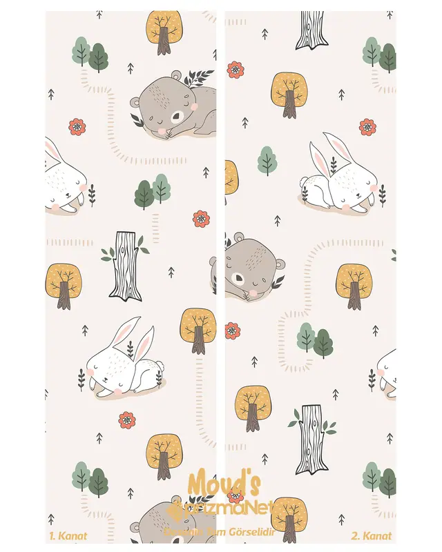 Rabbit and Bear Patterned Printed Kids' and Baby Room Decorative Curtain - Set of 2 Panels - PRD-04 - 3