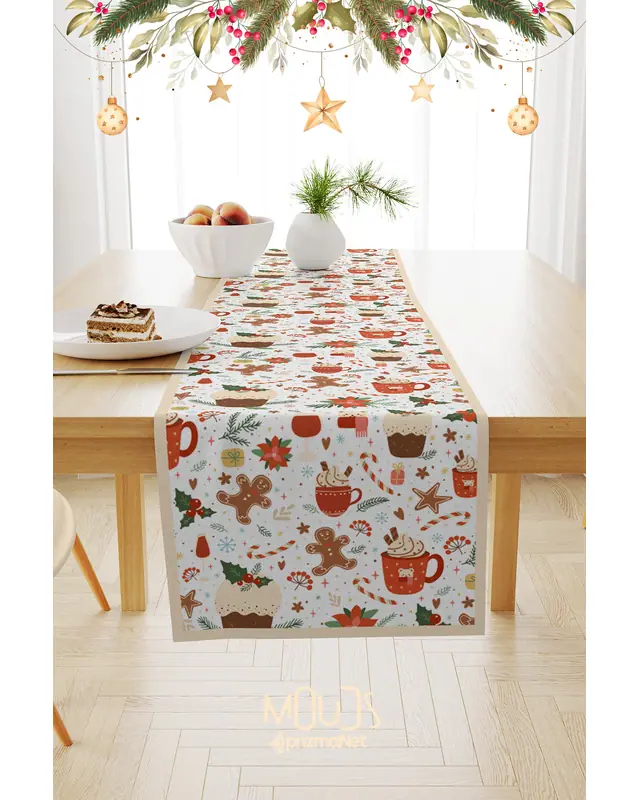 Yılbaşı Keki Desenli Süet Runner Masa Örtüsü