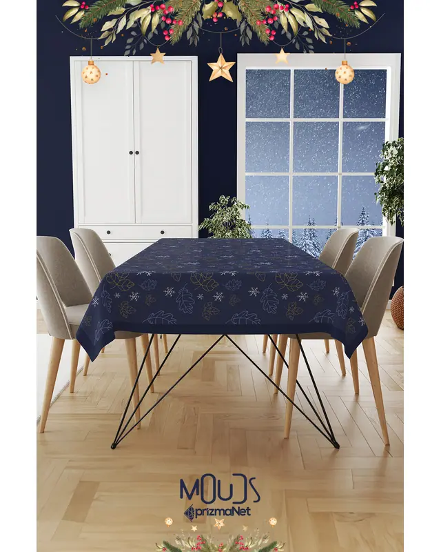 Navy Blue White Snowflakes Christmas Rectangular Easy-Care Suede-Feel Tablecloth - MS-278 - 2