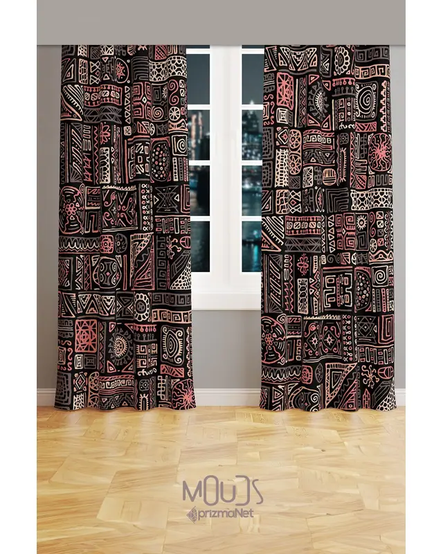 Hitit Figure Patterned Suede Living Room Decorative Curtain Printed Pencil Pleat Body - Set of 2 Panels - PRD-1013 - 2