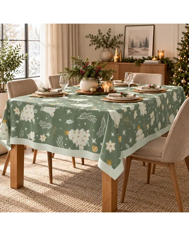 Khaki Christmas Rectangular Easy-Care Suede-Feel Tablecloth - MS-194