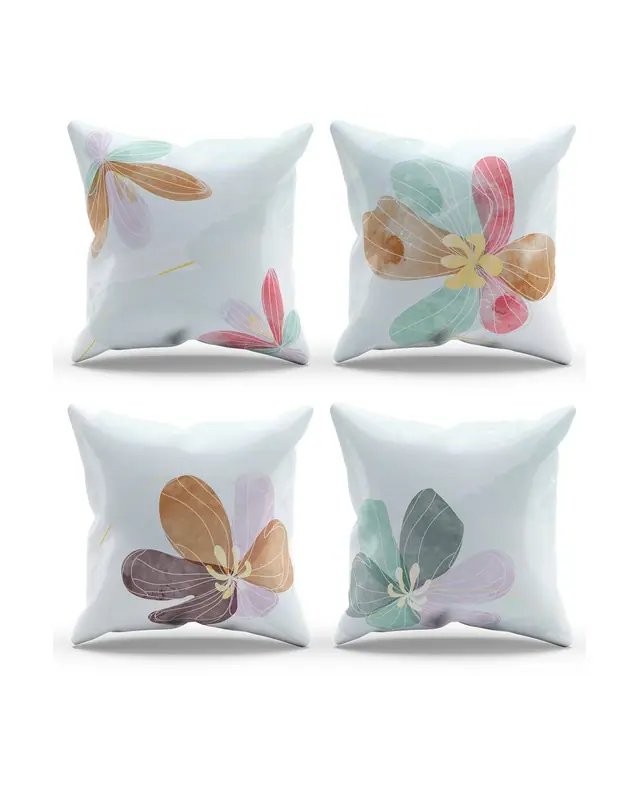 Double-Sided Printed Pastel Flower-2 Pattern Set of 4 Coordinated Suede Cushion Cover Şık Salon Dekoru - 3