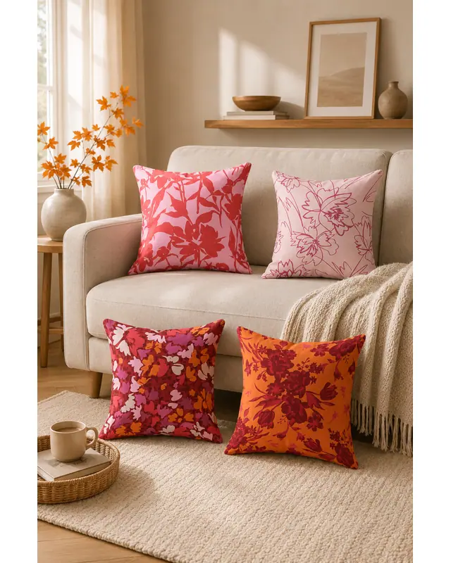 Double-Sided Printed Burgundy Pattern Set of 4 Coordinated Suede Cushion Cover - 7