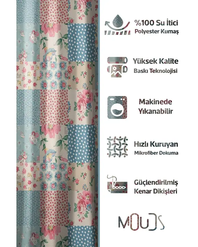 Shower Curtain, Colorful Square Flowers Patterned Shower Curtain, Bathtub Curtain, Rings Included 175x200cm - BP-07 - 2