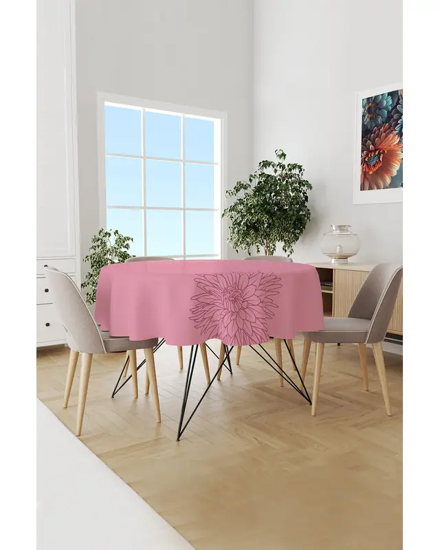 Pembe Pastel Çizgi Desenli Yuvarlak Süet Dertsiz Masa Örtüsü
