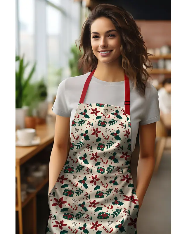 Cream Kokina Flower Christmas Patterned Kitchen Apron, Chef Apron, Waiter Cover, Restaurant Apron - MTF-76 - 2