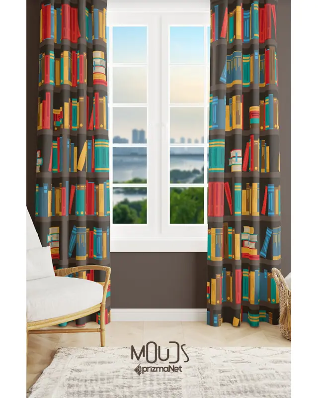 Booked Suede Living Room Salon Decorative Curtain Printed Pencil Pleat Body - Set of 2 Panels - PRD-1098