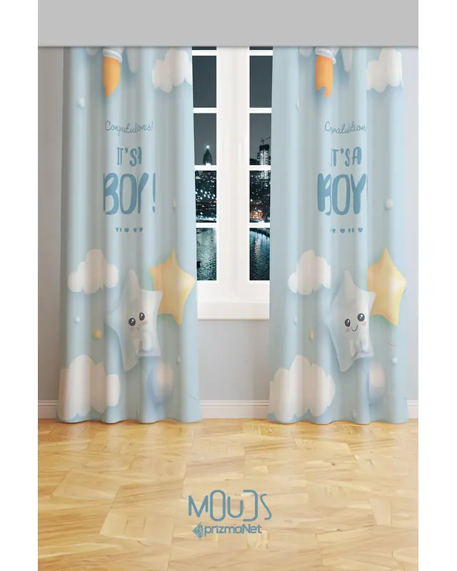 Blue Male Patterned Decorative Curtain Kids' and Baby Room Printed Suede Pencil Pleat Off - Set of 2 Panels - PRD-52 - 3