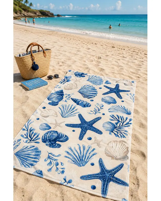 Dijital Baskılı 70x150cm Deniz Kabukları Desenli Plaj Havlusu - Banyo Havlusu - Deniz Havlusu
