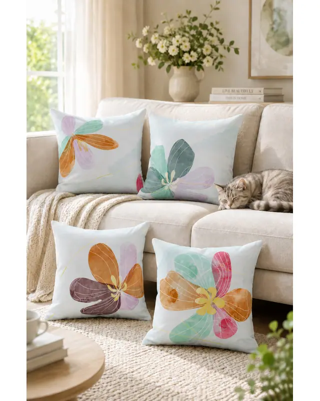 Double-Sided Printed Pastel Flower-2 Pattern Set of 4 Coordinated Suede Cushion Cover Şık Salon Dekoru
